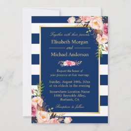 Invitación Floral de franjas azules de la marina | Boda forma