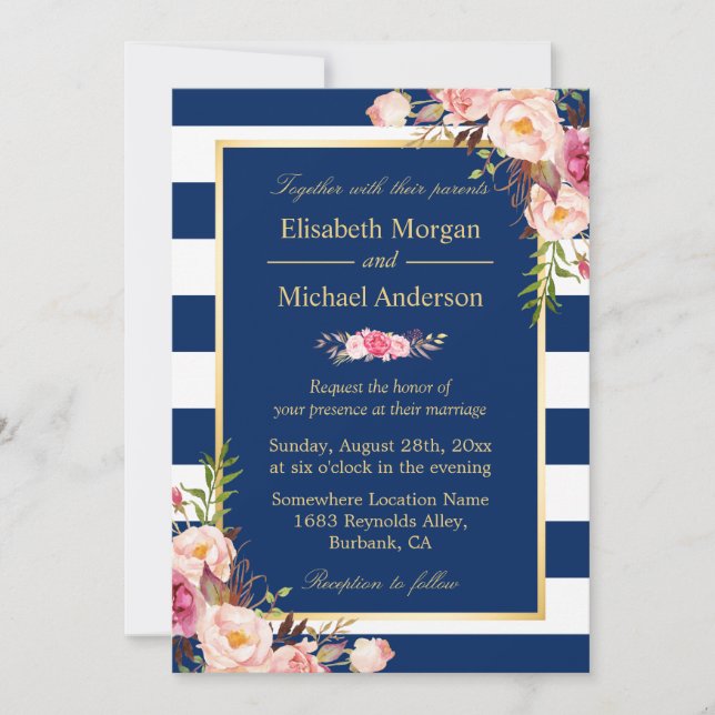 Invitación Floral de franjas azules de la marina | Boda forma (Anverso)