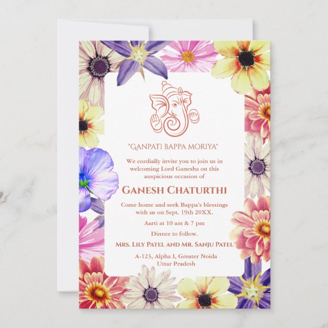 Invitación Floral de Ganesh Chaturthi Puja (Anverso)