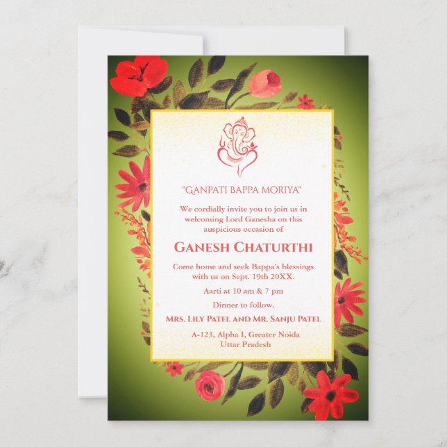 Invitación Floral de Ganesh Chaturthi Puja (Anverso)