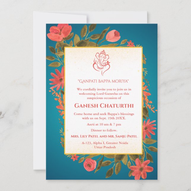 Invitación Floral de Ganesh Chaturthi Puja (Anverso)