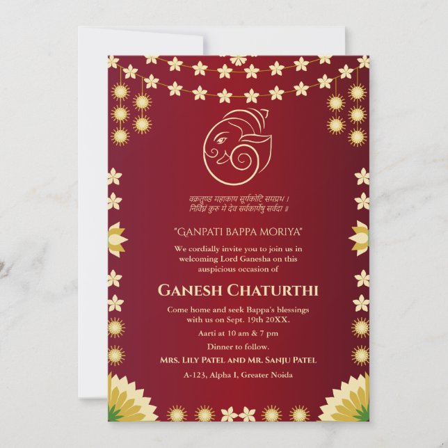 Invitación Floral de Ganesh Chaturthi Puja (Anverso)