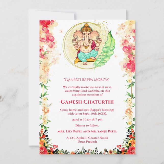 Invitación Floral de Ganesh Chaturthi Puja (Anverso)
