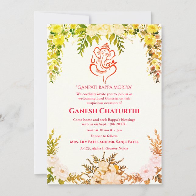 Invitación Floral de Ganesh Chaturthi Puja (Anverso)