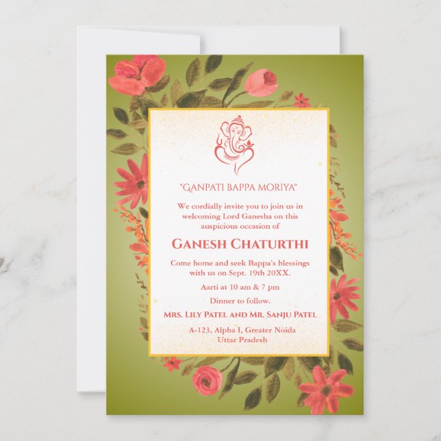 Invitación Floral de Ganesh Chaturthi Puja (Anverso)