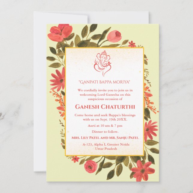 Invitación Floral de Ganesh Chaturthi Puja (Anverso)
