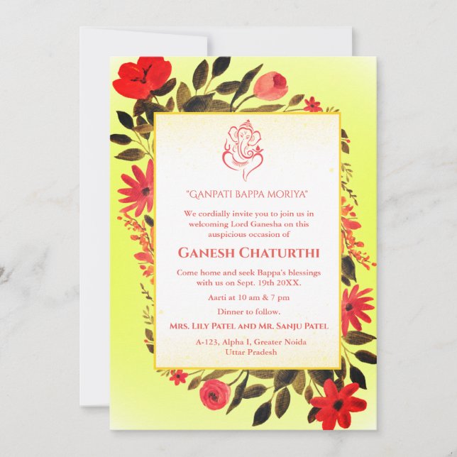 Invitación Floral de Ganesh Chaturthi Puja (Anverso)