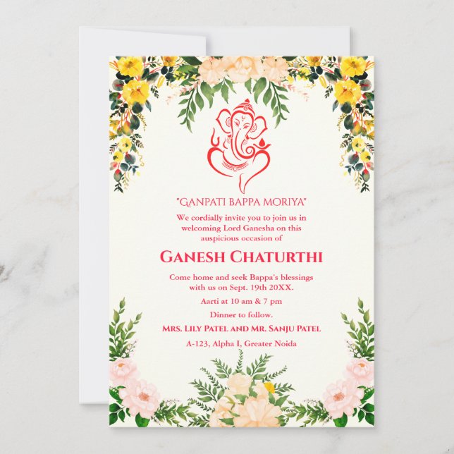 Invitación Floral de Ganesh Chaturthi Puja (Anverso)