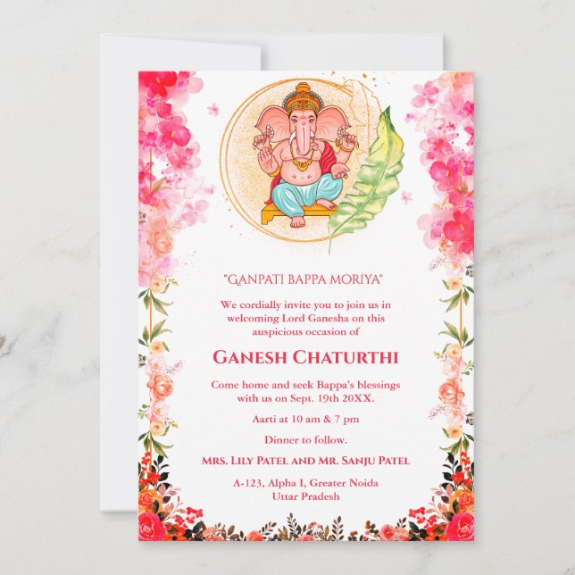 Invitación Floral de Ganesh Chaturthi Puja (Anverso)