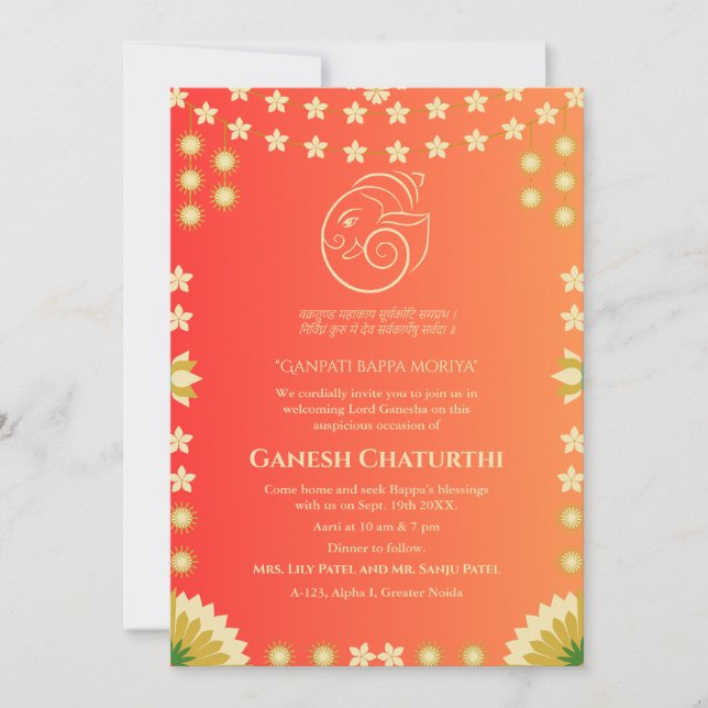 Invitación Floral de Ganesh Chaturthi Puja (Anverso)