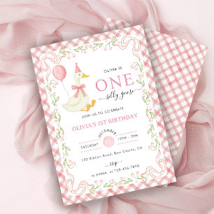 Invitación Floral de Gingham Rosa Un Ganso Tonto Cumpleaños 1