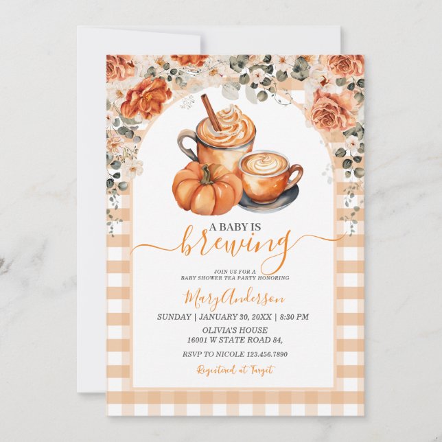 Invitación Floral de Gingham: Un Bebé Está Preparando Especie (Anverso)