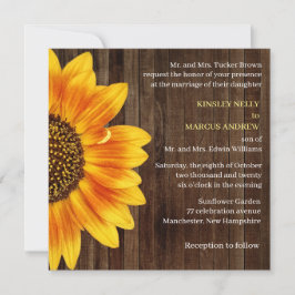 Invitación Floral de girasol Amarillo Rústico Boda Madera