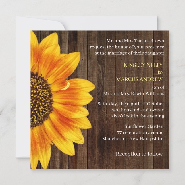 Invitación Floral de girasol Amarillo Rústico Boda Madera (Anverso)