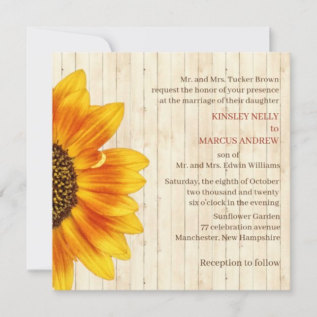 Invitación Floral de girasol Amarillo Rústico Boda Madera (Anverso)