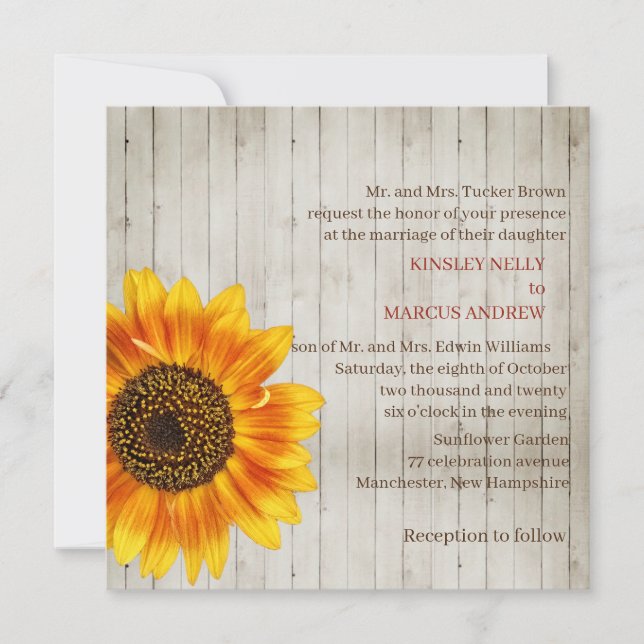 Invitación Floral de girasol Amarillo Rústico Boda Madera (Anverso)