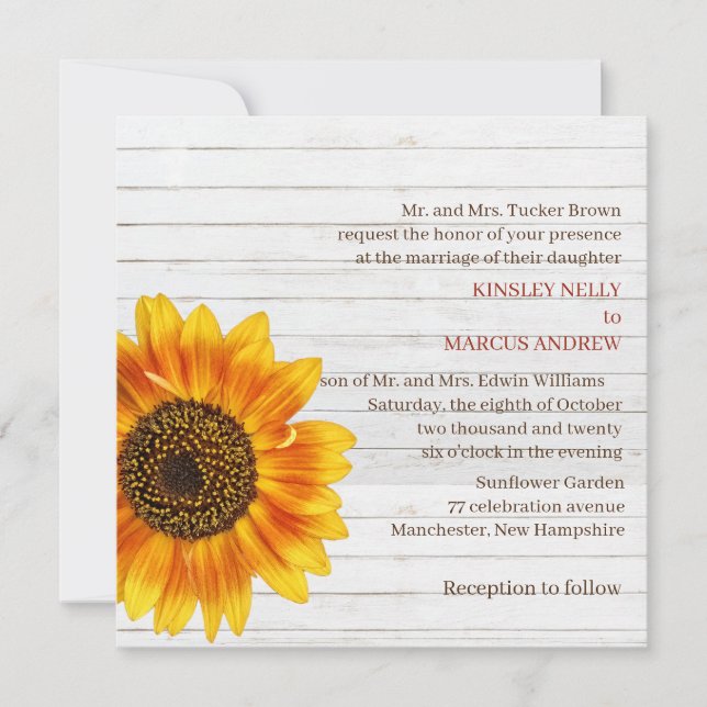Invitación Floral de girasol Amarillo Rústico Boda Madera (Anverso)