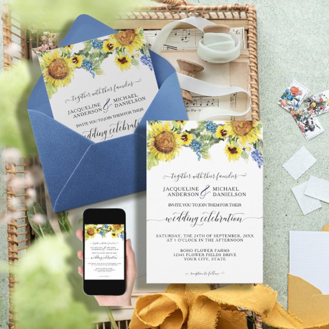 Invitación Floral de girasol azul BOHO Moda Eucalyptus Boda (Subido por el creador)