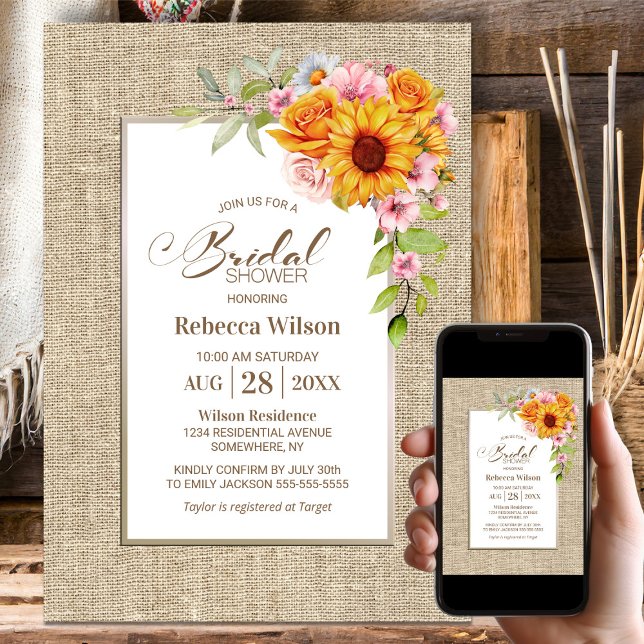 Invitación Floral de girasol Burlap Bridal Shower (Subido por el creador)