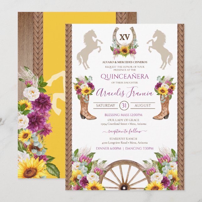 Invitación Floral de girasol Charro Quinceanera (Anverso / Reverso)