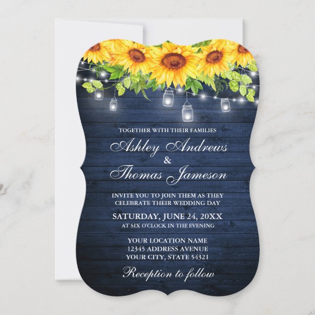 Invitación Floral de girasol de madera azul rustica Mason Jar (Anverso)