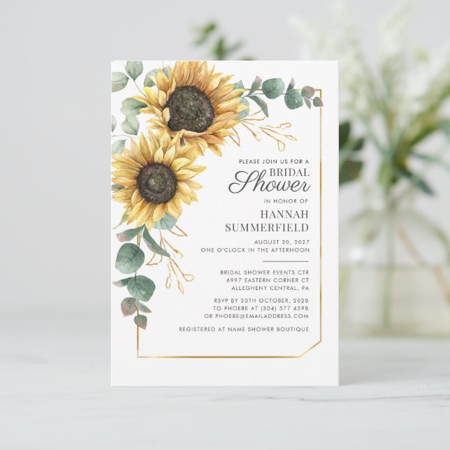 Invitación Floral de girasol Eucalyptus Greenery Bridal Showe (Anverso de pie)