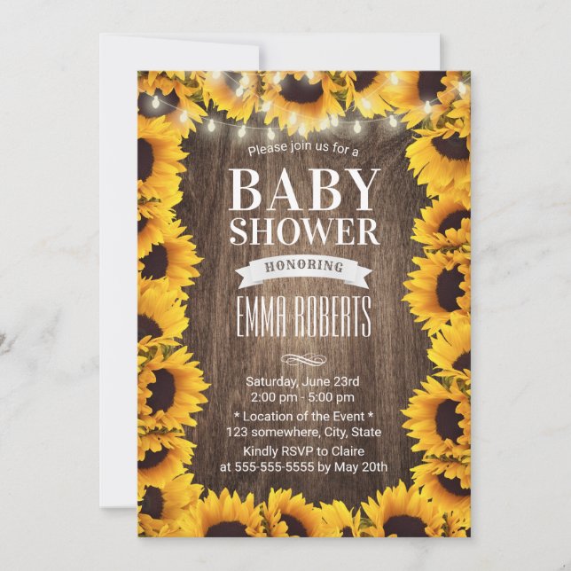 Invitación Floral de girasol rústica enmarcada en Baby Shower (Anverso)