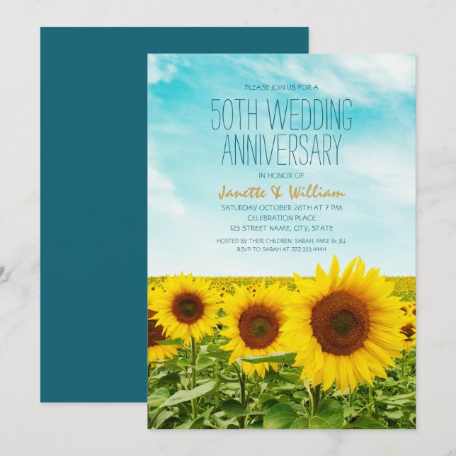 Invitación Floral de Girasol Rústico 50 Aniversario de Boda (Anverso / Reverso)