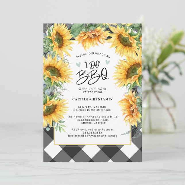 Invitación Floral de girasol rústico I Do BBQ Bridal (Anverso de pie)