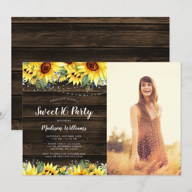 Invitación Floral de girasol rústico iluminado dulce 16 foto (Anverso / Reverso)