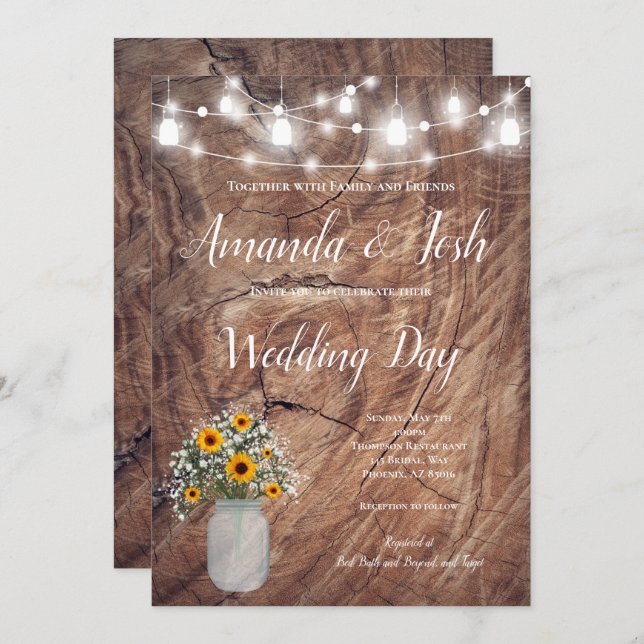 Invitación Floral de girasol rústico Mason Jar Boda de campo (Anverso / Reverso)