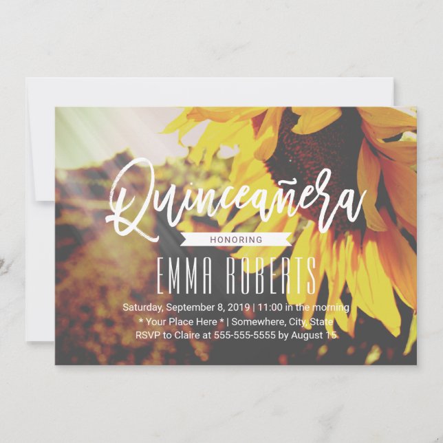 Invitación Floral de girasol rústico Quinceanera 15º cumpleañ (Anverso)