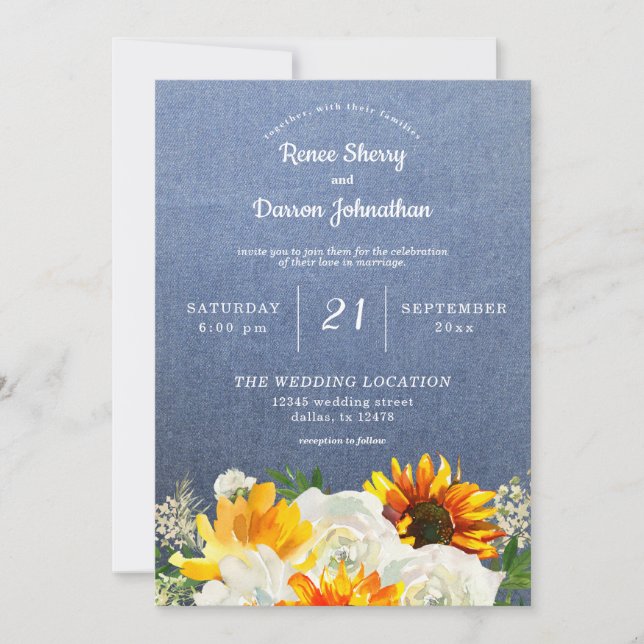 Invitación Floral de girasol y rosa blanca en Jean Boda (Anverso)