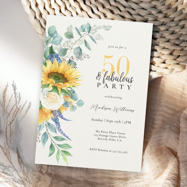 Invitación Floral de girasoles brillante 50 y fabuloso cumple (Available as printed or paperless digital download!)