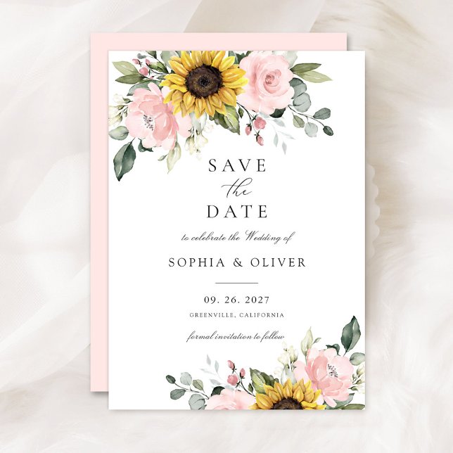 Invitación Floral de girasoles Rubor Greenery Save the Date (Subido por el creador)