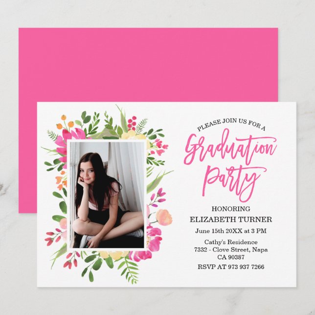 Invitación Floral de graduación por mano de foto personalizad (Anverso / Reverso)
