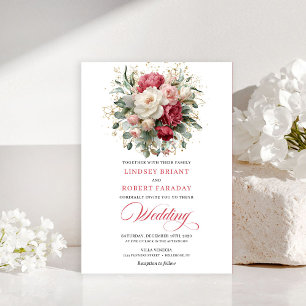 Invitación floral de greenery blanco rojo refinado