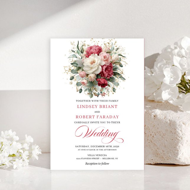 Invitación floral de greenery blanco rojo refinado (Refined Bohemian Red White Floral Greenery Invitation)