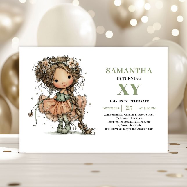 Invitación Floral de Hada Linda para Cumpleaños (Cute Fairy Girl Birthday Floral Sage Invitation)