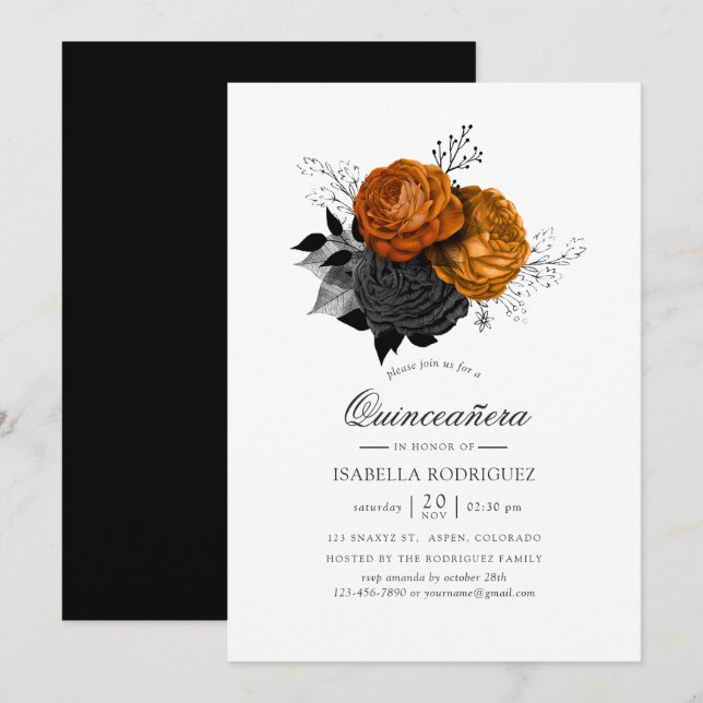 Invitación Floral de Halloween negra y Naranja Quinceañera (Anverso / Reverso)