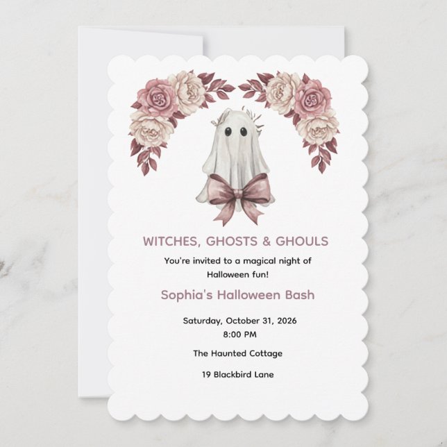 Invitación floral de Halloween Pink Coquette (Anverso)