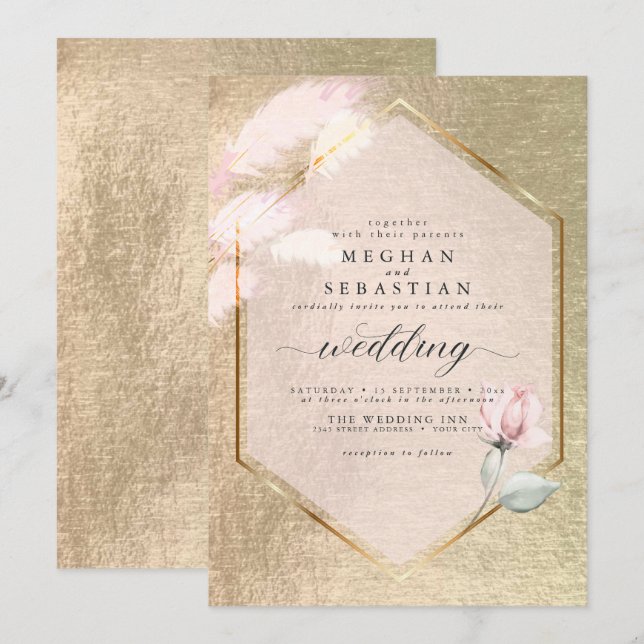 Invitación Floral de hierba de oro Rosa de Rubor (Anverso / Reverso)