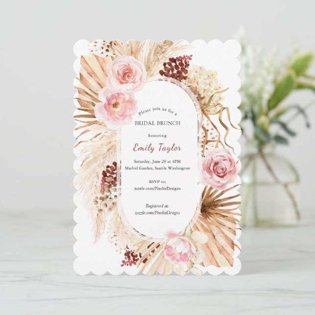 Invitación Floral de hierba rosa moderna de Boho Arch Pampas  (Anverso de pie)