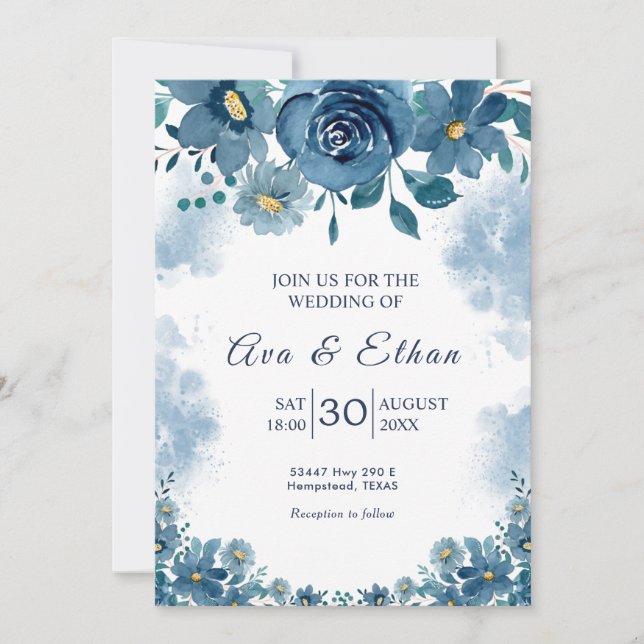 Invitación floral de humo azul marino temperamenta (Anverso)