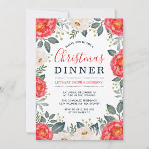 Invitación Floral de invierno de marfil rojo Cena de Navida