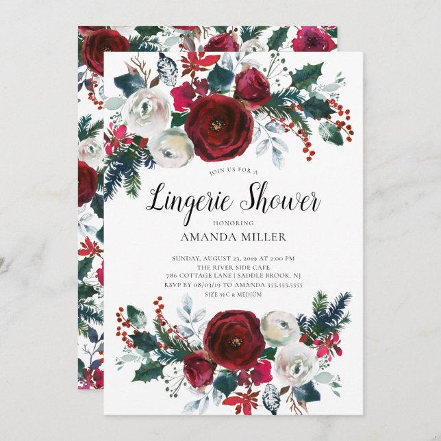 Invitación Floral de invierno ducha de lencería de novia (Anverso / Reverso)