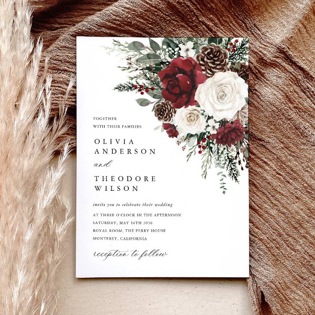 Invitación Floral de Invierno Elegante de Borgoña para Boda (Burgundy winter floral wedding invitation pinecone ivory rustic elegant watercolor invite)