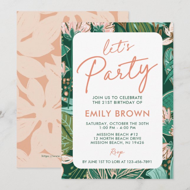 Invitación Floral de jardín vamos a Fiesta a cualquier cumple (Anverso / Reverso)