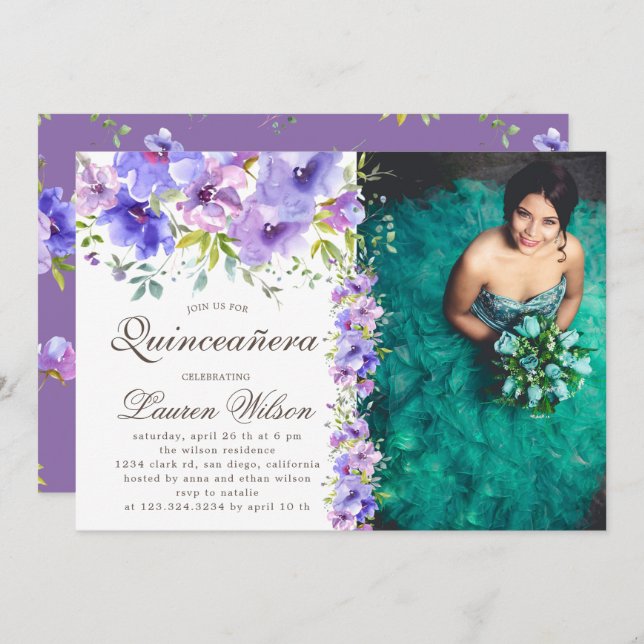 Invitación floral de jardín violeta Quinceanera Foto Invitaci (Anverso / Reverso)