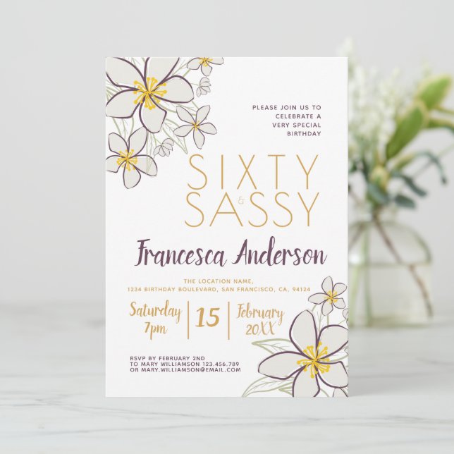 Invitación Floral de jazmín de oro púrpura sesenta y elegante (Anverso de pie)